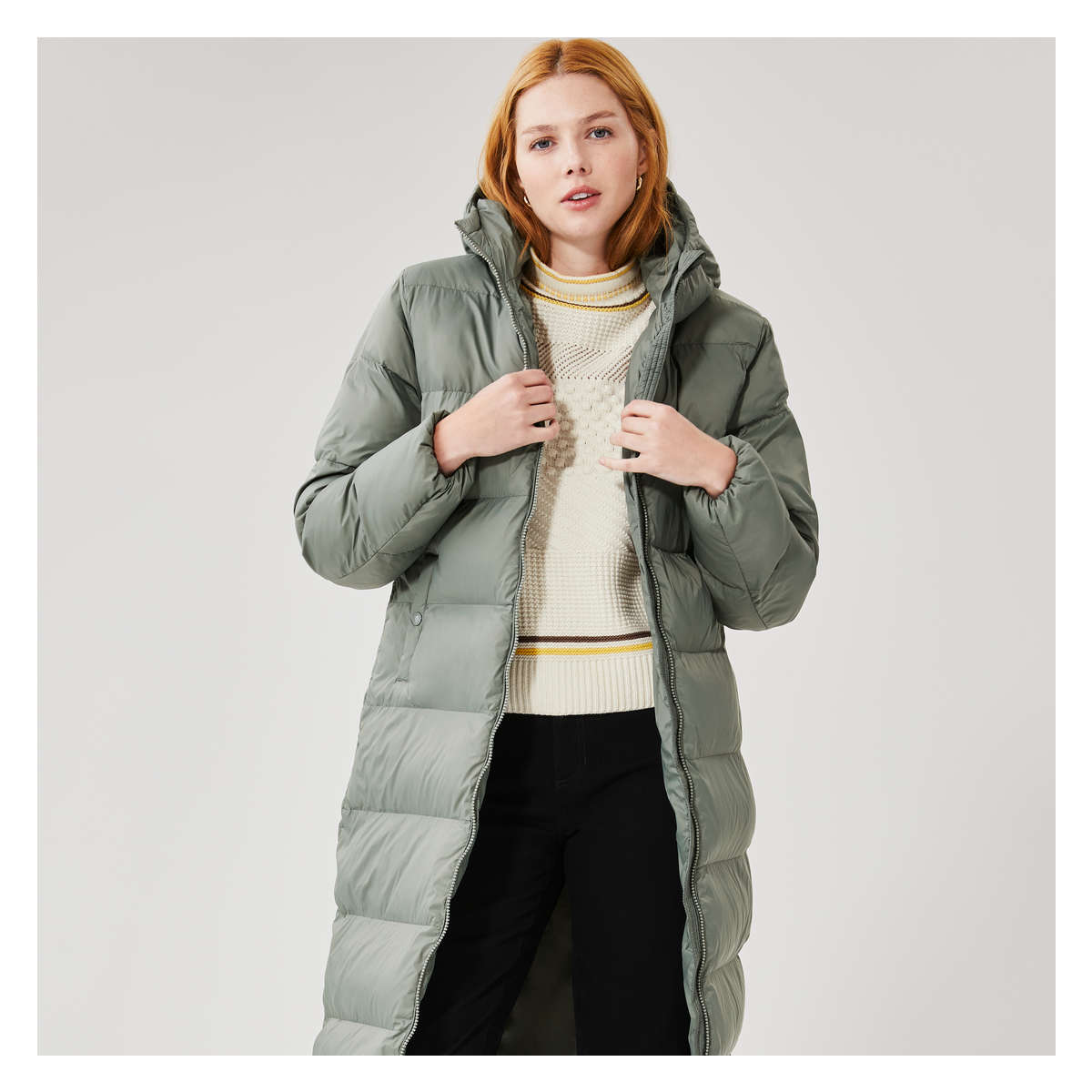 Long Puffer Jacket with PrimaLoft® in Light Khaki Green from Joe Fresh